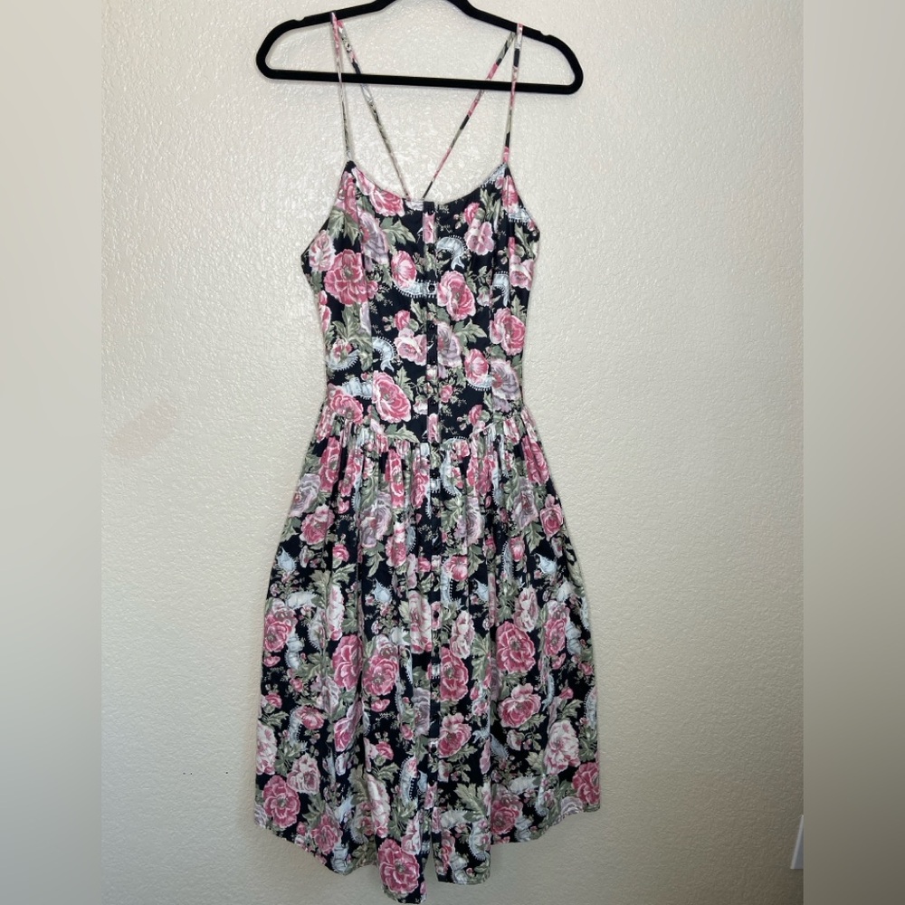 RARE! Vintage Eileen West Floral Midi Dress Buttons Cross Back sz 14 EUC Black